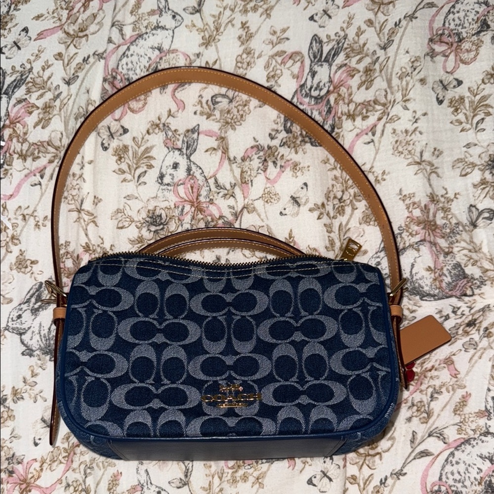 Coach Blue and Tan Signature Shoulder Bag